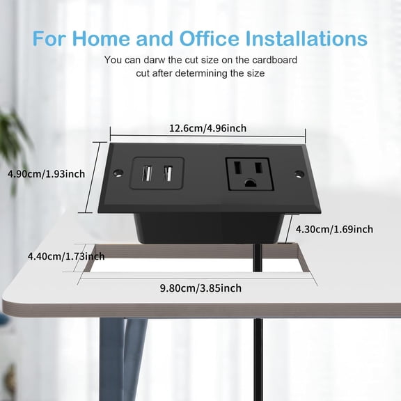 SLKOHDZ-Small Recessed Power Strip Plug Extension Cord Hidden Charging Station with Inset USB Electrical Outlet Extender Flush Mount Surge Protector for Desk Furniture NightStand Under Desk (Black)