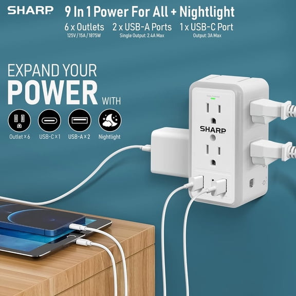 SLKOHDZ-Wall Charger, Surge Protector, Outlet Extender With 6 Wide Spaced Outlets, Fast Charge, 2 USB-A and 1 Type-C, Smart AutoSense Nightlight, White