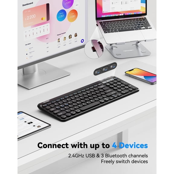 SLKOHDZ-Wireless Keyboard Bluetooth & 2.4G USB, Up to 4-Device Connection, USB C Rechargeable Battery, Quiet Typing, Compact Layout, 7 Ergonomic Tilt, Compatible with Windows/Android/iOS, Black