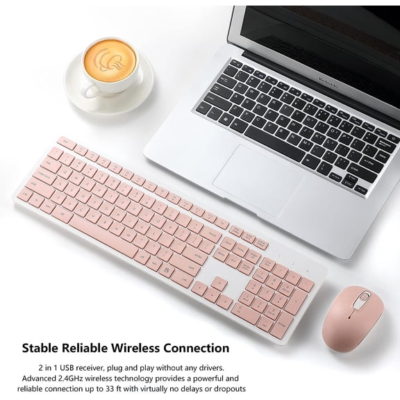 SLKOHDZ-Wireless Keyboard and Mouse Combo, 2.4G Silent Cordless Keyboard Mouse Combo for Windows Chrome Laptop Computer PC Desktop, 106 Keys Full Size with Number Pad, 1600 DPI Optical Mouse (Pink)