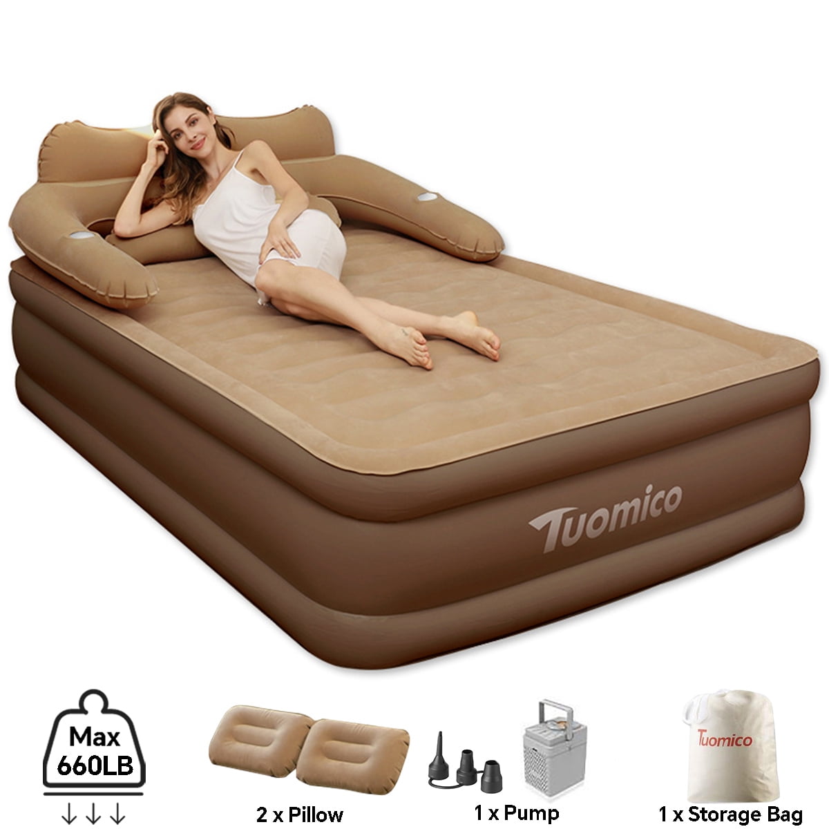 SLLINGLUO 18" Inflatable Airbed with Built-in Pump, Queen Air Mattress for Home Travel Camping, Coffee