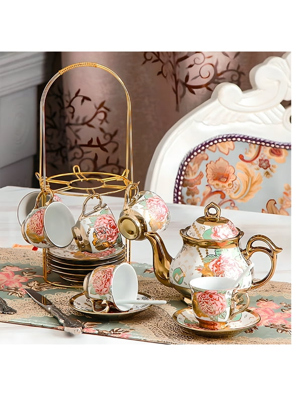 SLLINGLUO 20 Pieces Coffee Set Tea Set with Metal Stand, Vintage Porcelain Tea Cup Set, Rose Ceramics Coffee Tea Set, Gold