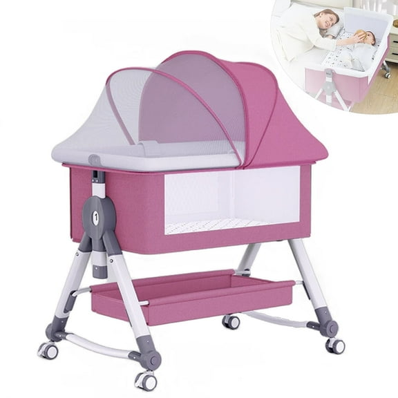 SLLINGLUO Baby Bassinet with Wheels & Changing Table, 5-Level Height Adjustable Folding Bedside Crib, Pink