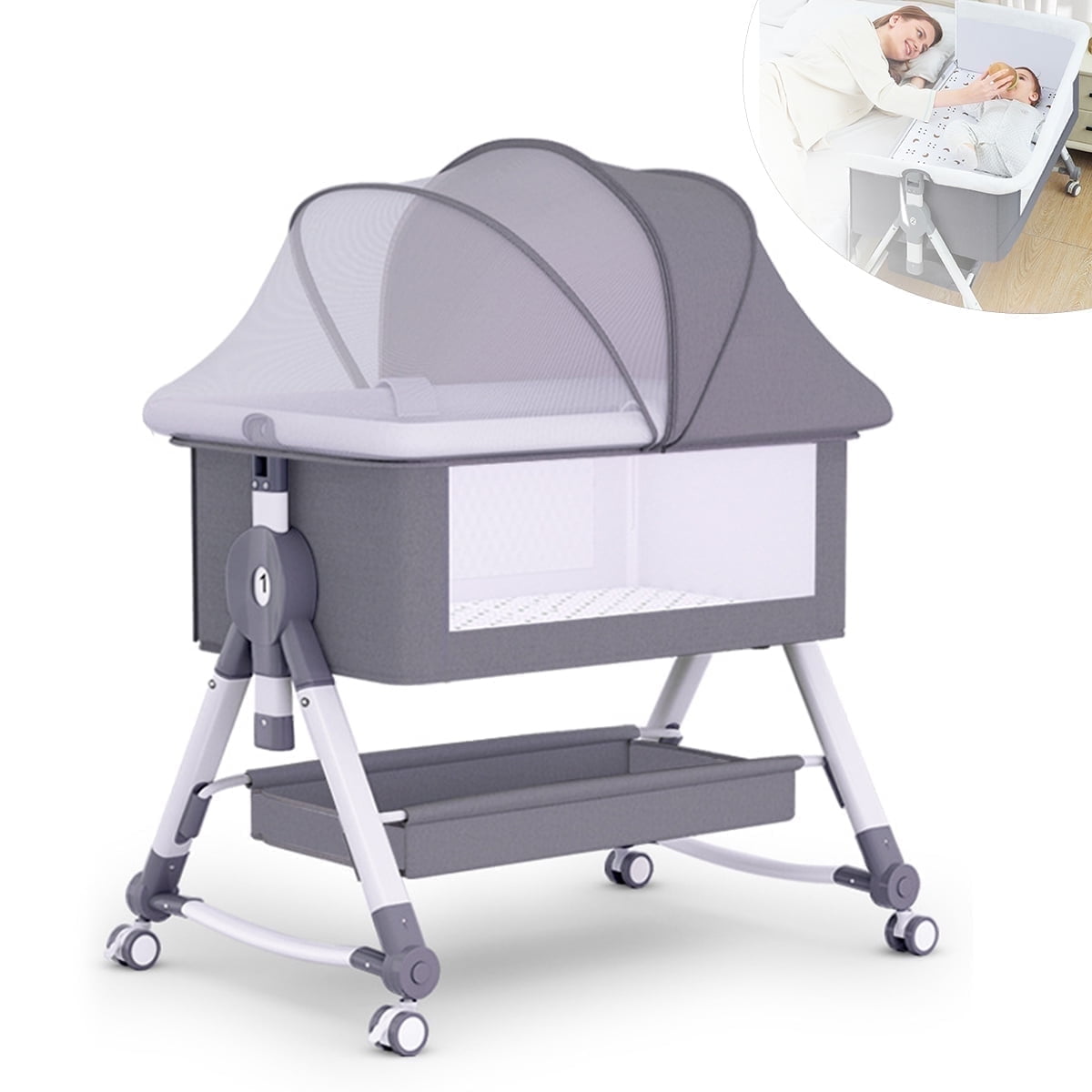 SLLINGLUO Baby Bassinet with Wheels, 5-Level Height Adjustable Folding Bedside Crib, Light Gray