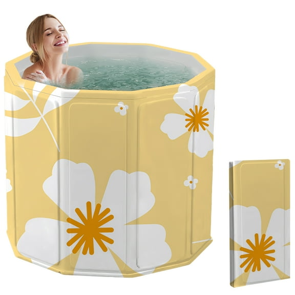 SLLINGLUO Foldable Bathtub for Adult Kids, No-Installation Portable Bath tub for Baby Swimming Bathing Sauna Soaking Tub, Yellow Flowers