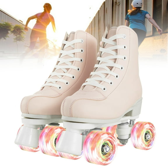 SLLINGLUO Roller Skate for Women, Adult Classic High Top Leather Light up Wheels Double Row Quad Skates, Pink, Size 8.5