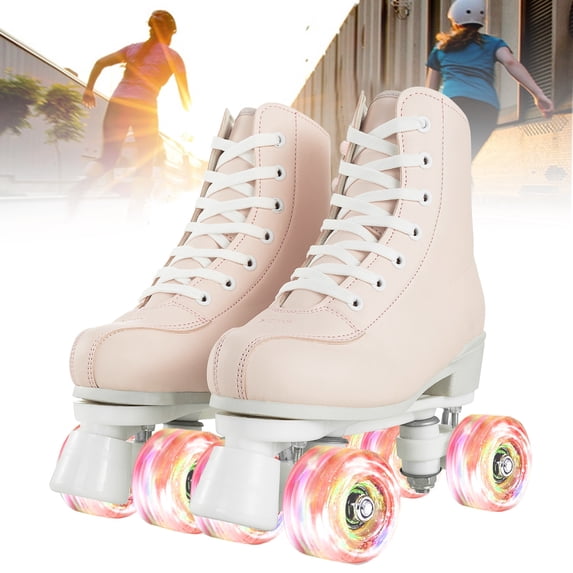 SLLINGLUO Roller Skate for Women, Adult Classic High Top Leather Light up Wheels Double Row Quad Skates, Pink, Size 8