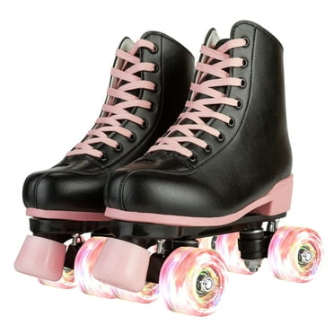 SLLINGLUO Roller Skates for Girls, High-Top Double Row Leather Quad Skates, Black & Pink, Youth 1