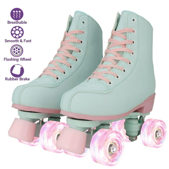 SLLINGLUO Roller Skates for Girls, High-Top Double Row Leather Quad Skates, Green & Pink, Youth 1