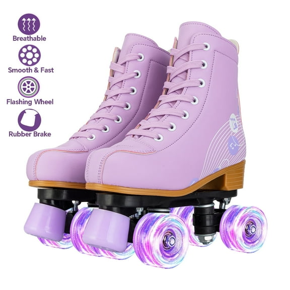SLLINGLUO Roller Skates for Girls, High-Top Double Row Leather Quad Skates, Purple, Youth 3