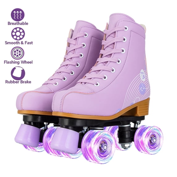 SLLINGLUO Roller Skates for Girls, High-Top Double Row Leather Quad Skates, Purple, Youth 3