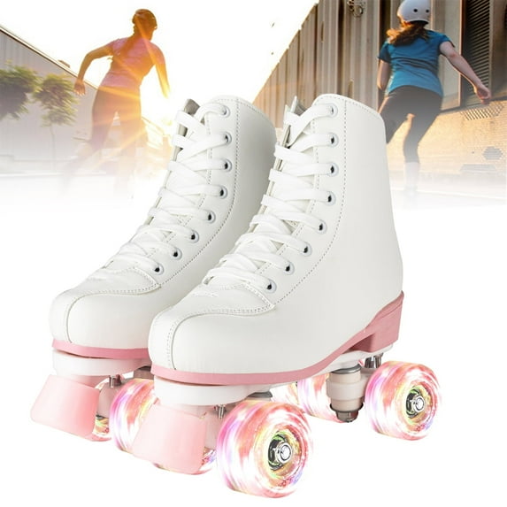 SLLINGLUO Roller Skates for Girls, High-Top Double Row Leather Quad Skates, White & Pink, Youth 1