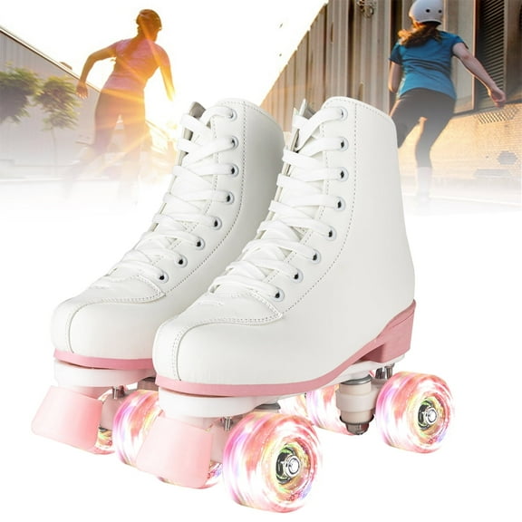 SLLINGLUO Roller Skates for Girls, High-Top Double Row Leather Quad Skates, White & Pink, Youth 2