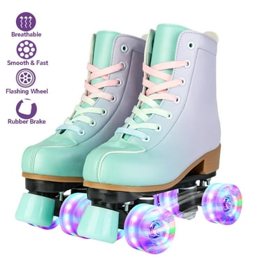 SLLINGLUO Roller Skates for Women, Grils High-Top Roller Skates Double Row Leather Shiny Quad Skates, Purple & Green, Size 8.5