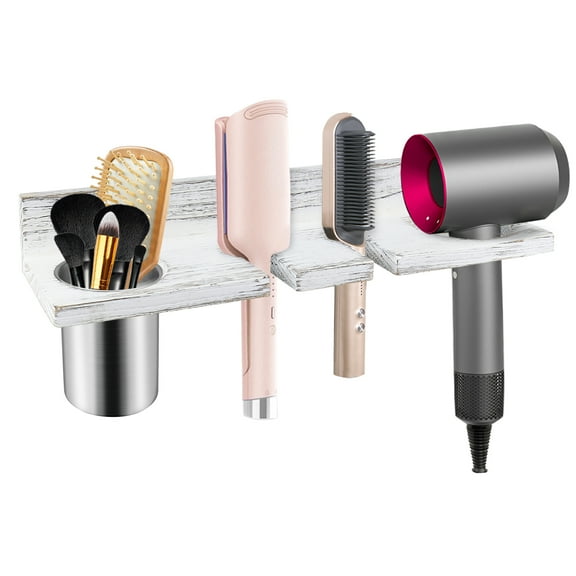 SLLPL Wooden Hair Dryer Holder Wall-Mounted - Blow Dryer Holder for Bathroom, Hair Styling Tools Organizer, Rustic Hair Tool Organizer for Flat Iron, Curling Wand, Hair Straighteners, Brushes, White