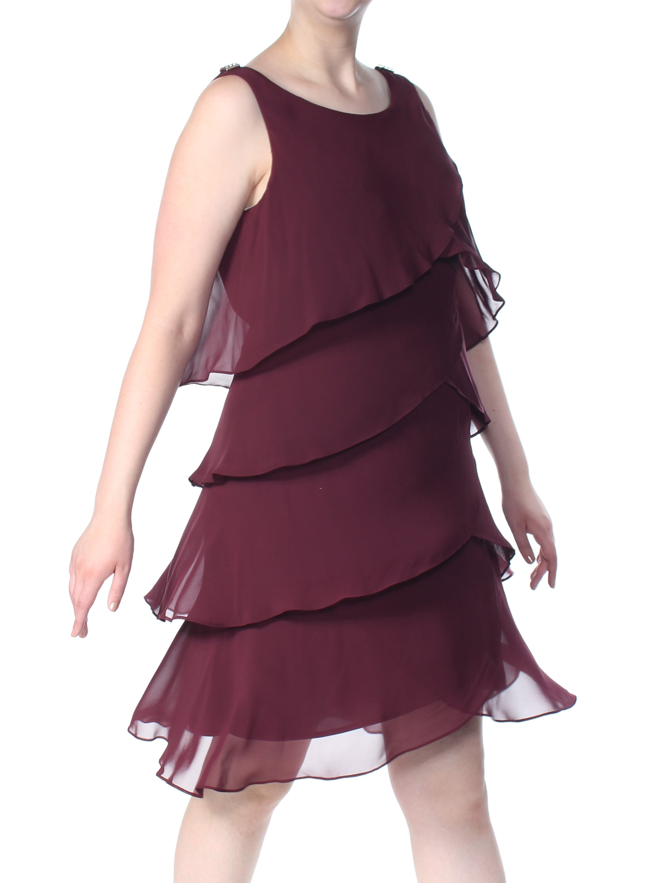 SLNY $89 Womens New 1166 Burgundy Tiered Chiffon Sleeveless Dress 16 B+B