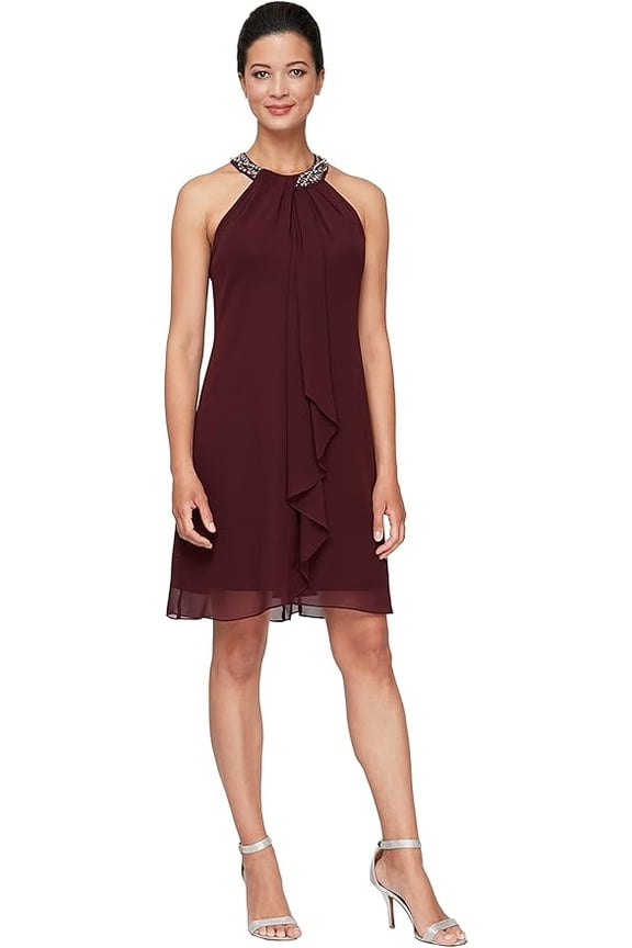 Womens Beaded Halter Cocktail Dress