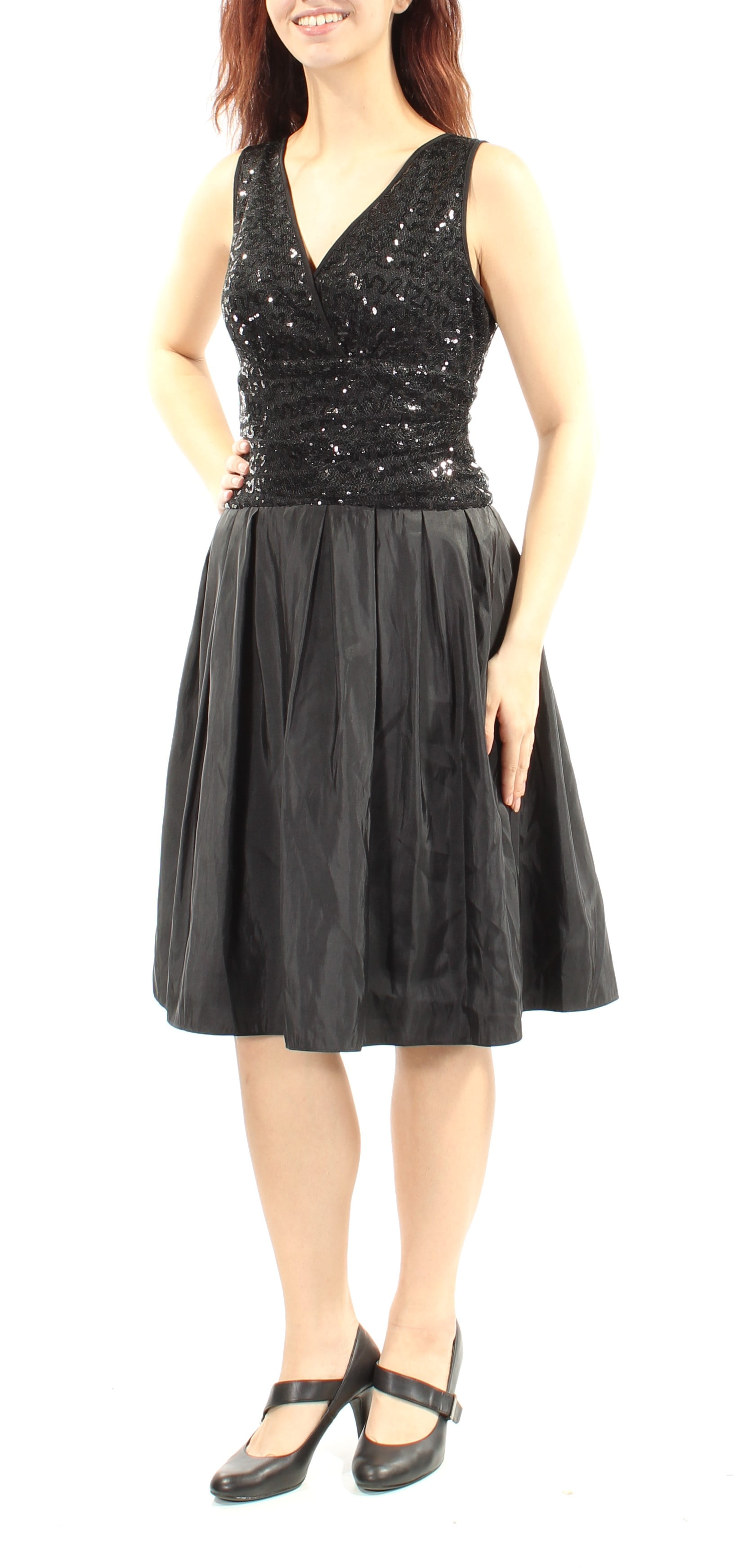 slny black dress SLNY Womens Beaded Knee-Length Sheath Dress Black 6
