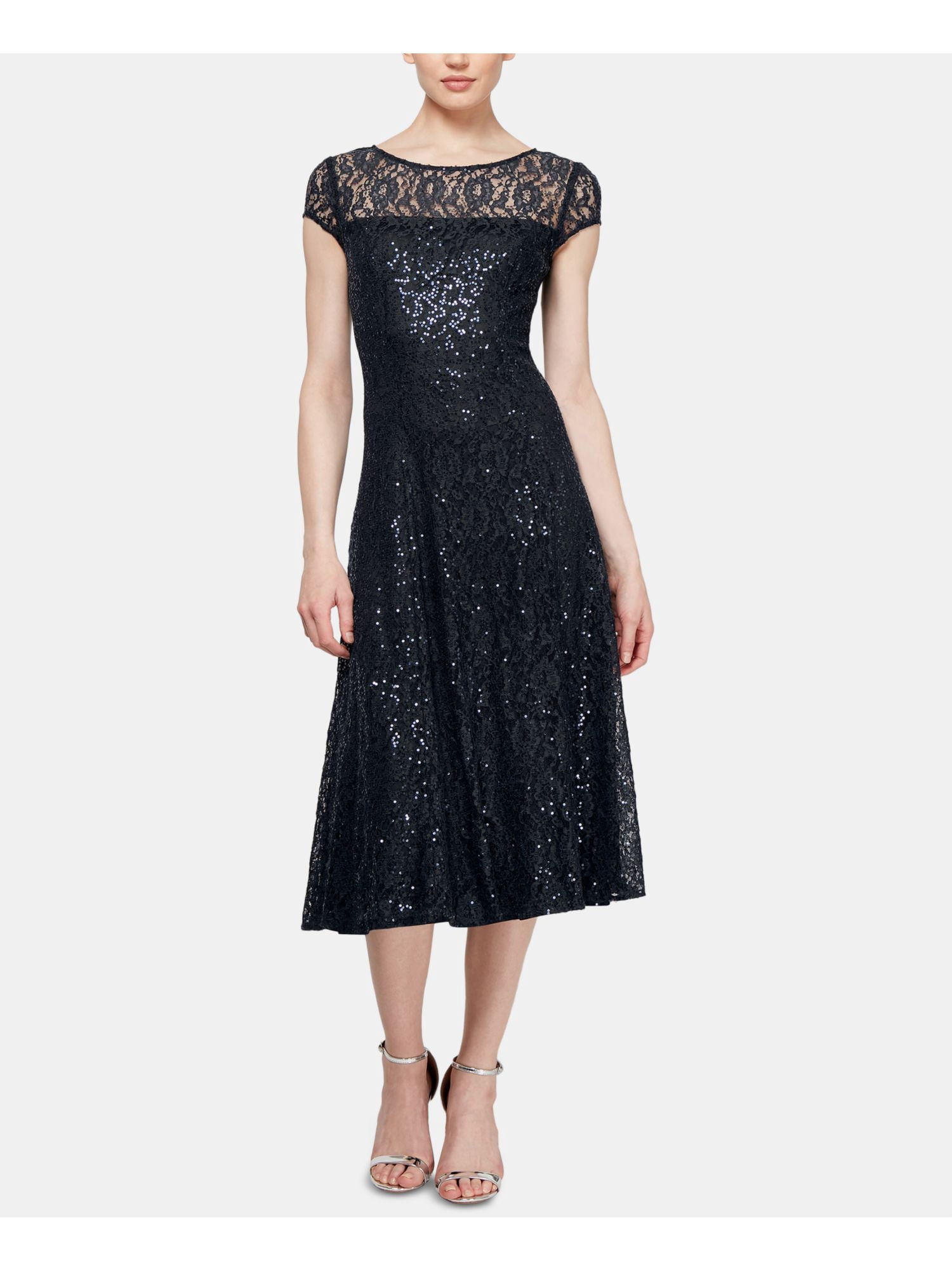 Slny SLNY Womens Black Sequined Lace Cap Sleeve Jewel Neck Midi Formal Fit ...