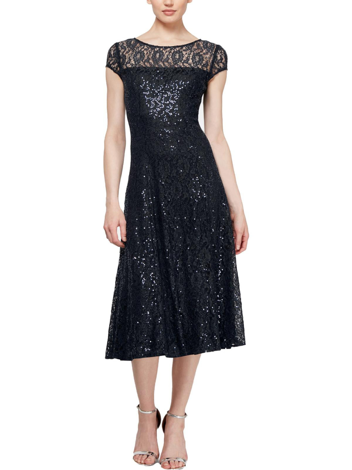 black lace fit and flare dress with sleeves Black Lace Dress with Diamante Work M main image 1