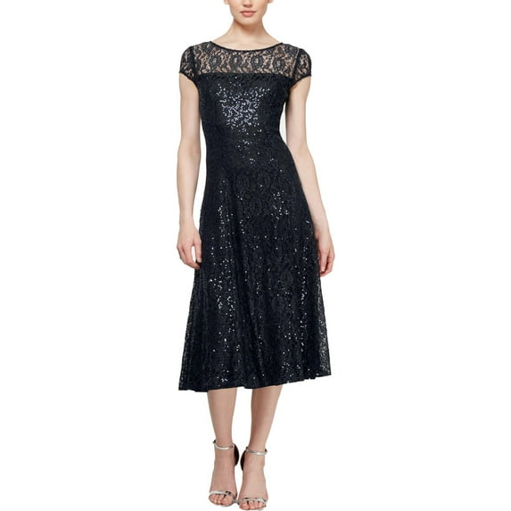 SLNY Womens Black Sequined Lace Floral Cap Sleeve Jewel Neck Midi Party Fit + Flare Dress 16