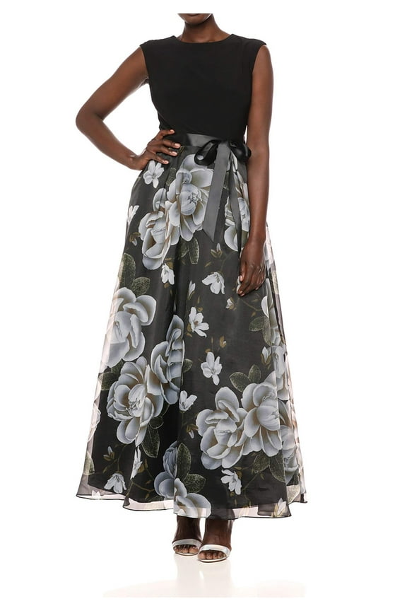 Womens Black Sheer Tie Floral Cap Sleeve Crew Neck Full-Length Baby Doll Prom Dress  Size: 14