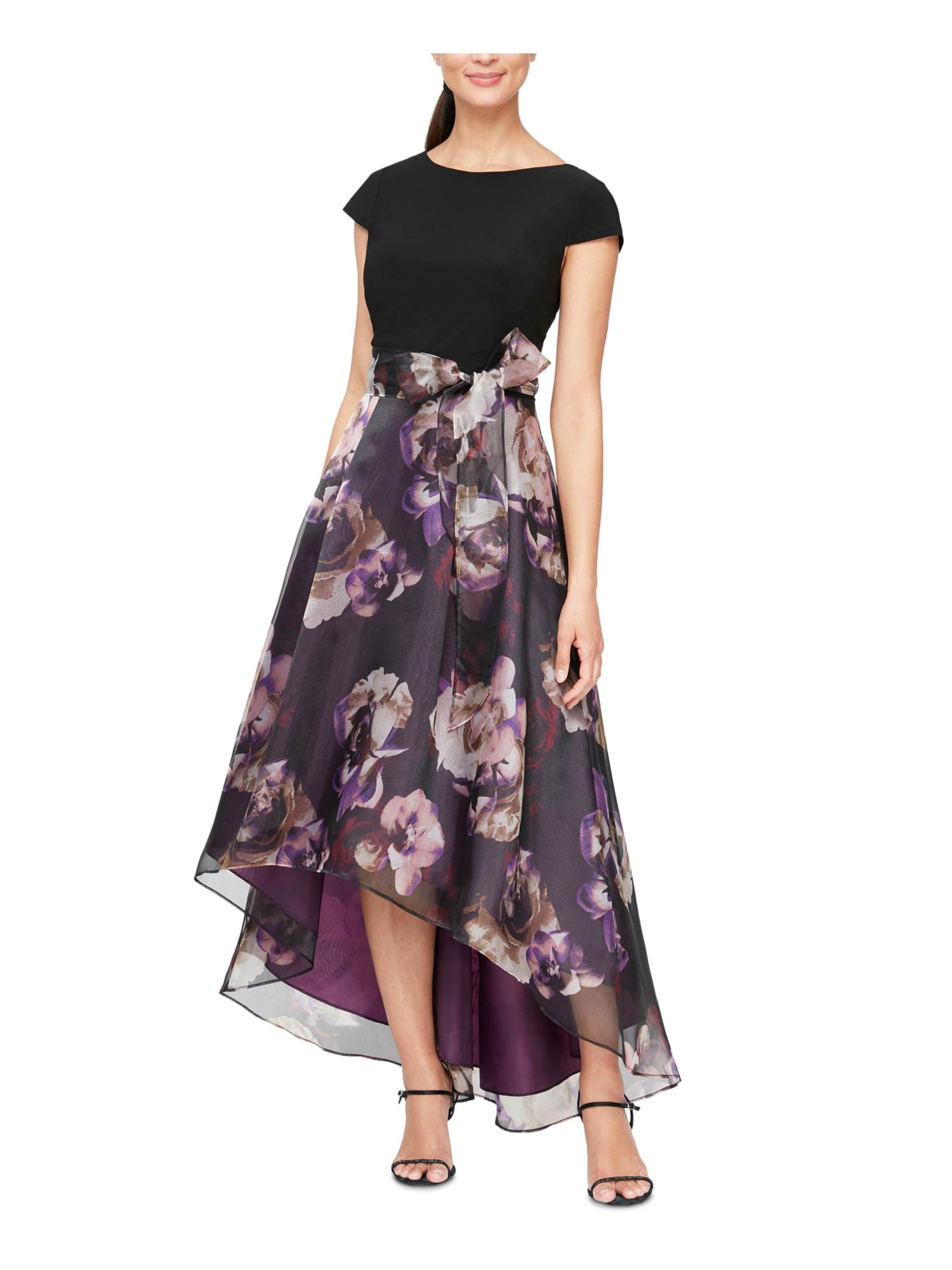 SLNY Womens Black Zippered Belted Hi-lo Floral Skirt Lined Short