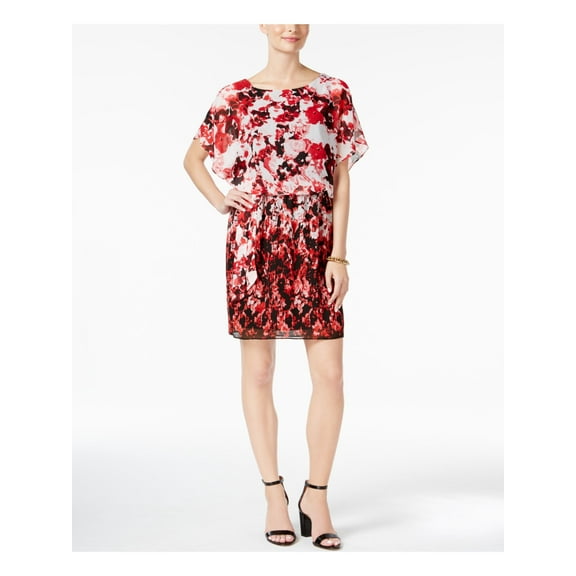 SL Fashions Women's Chiffon Floral-Print Blouson Dress (8, Red/White/Floral)