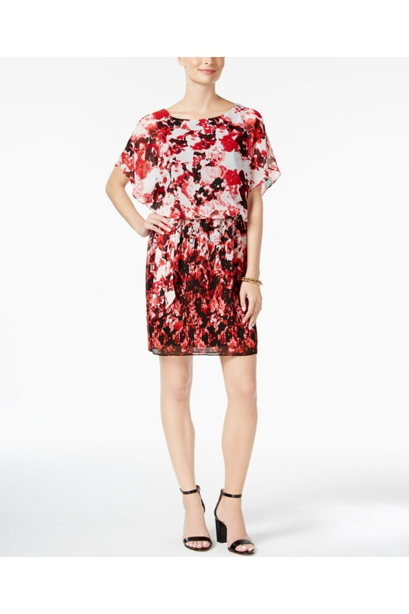 SL Fashions Women's Chiffon Floral-Print Blouson Dress (8, Red/White/Floral)