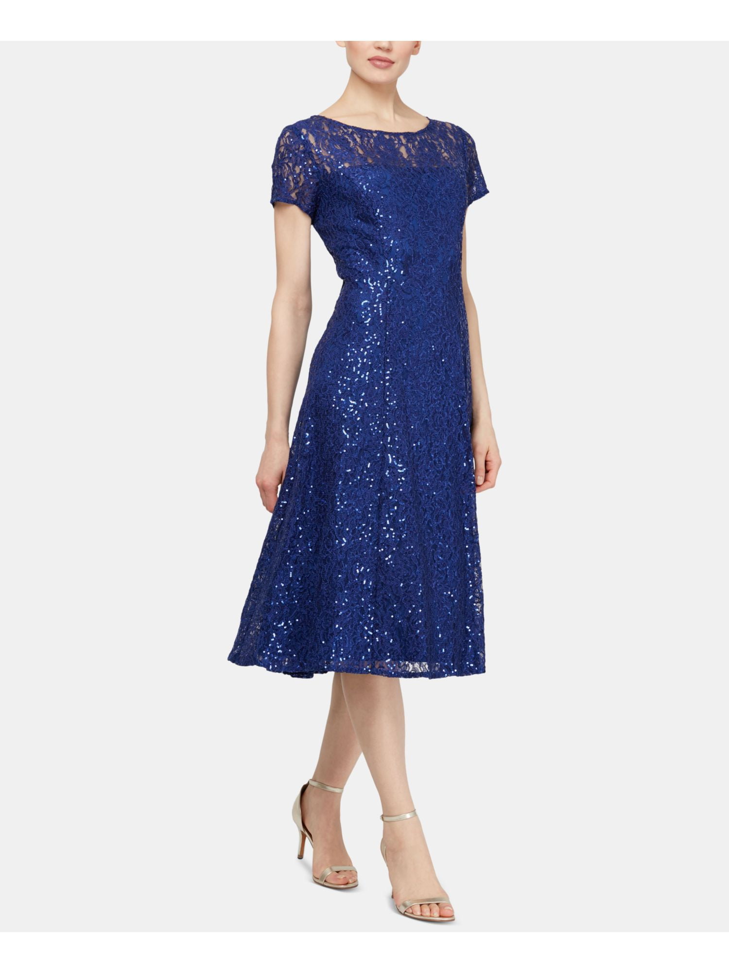 Illusion Neckline Half Sleeve Chiffon Dress Slate Blue