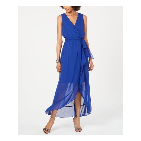 SLNY Womens Blue Sleeveless V Neck Maxi Cocktail Sheath Dress 16