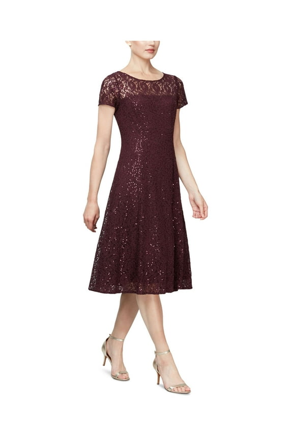 Womens Burgundy Lace Sequined Floral Cap Sleeve Scoop Neck Midi Party Fit + Flare Dress 18