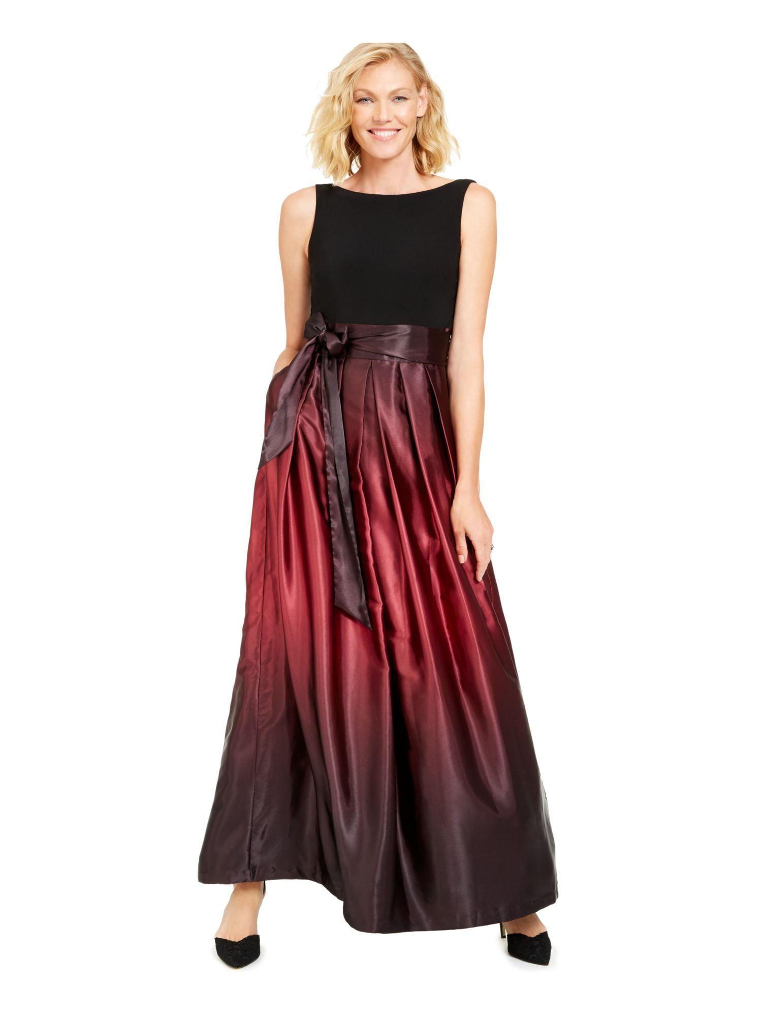 SLNY Womens Burgundy Pleated Low Back Satin Bow Sash Ombre Sleeveless Boat  Neck Full-Length Formal Gown Dress 14 - Walmart.com