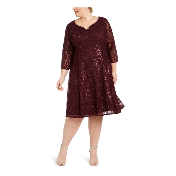 SLNY Womens Burgundy Sequined Lace Zippered 3/4 Sleeve Sweetheart Neckline Knee Length Party Fit + Flare Dress Plus 18W