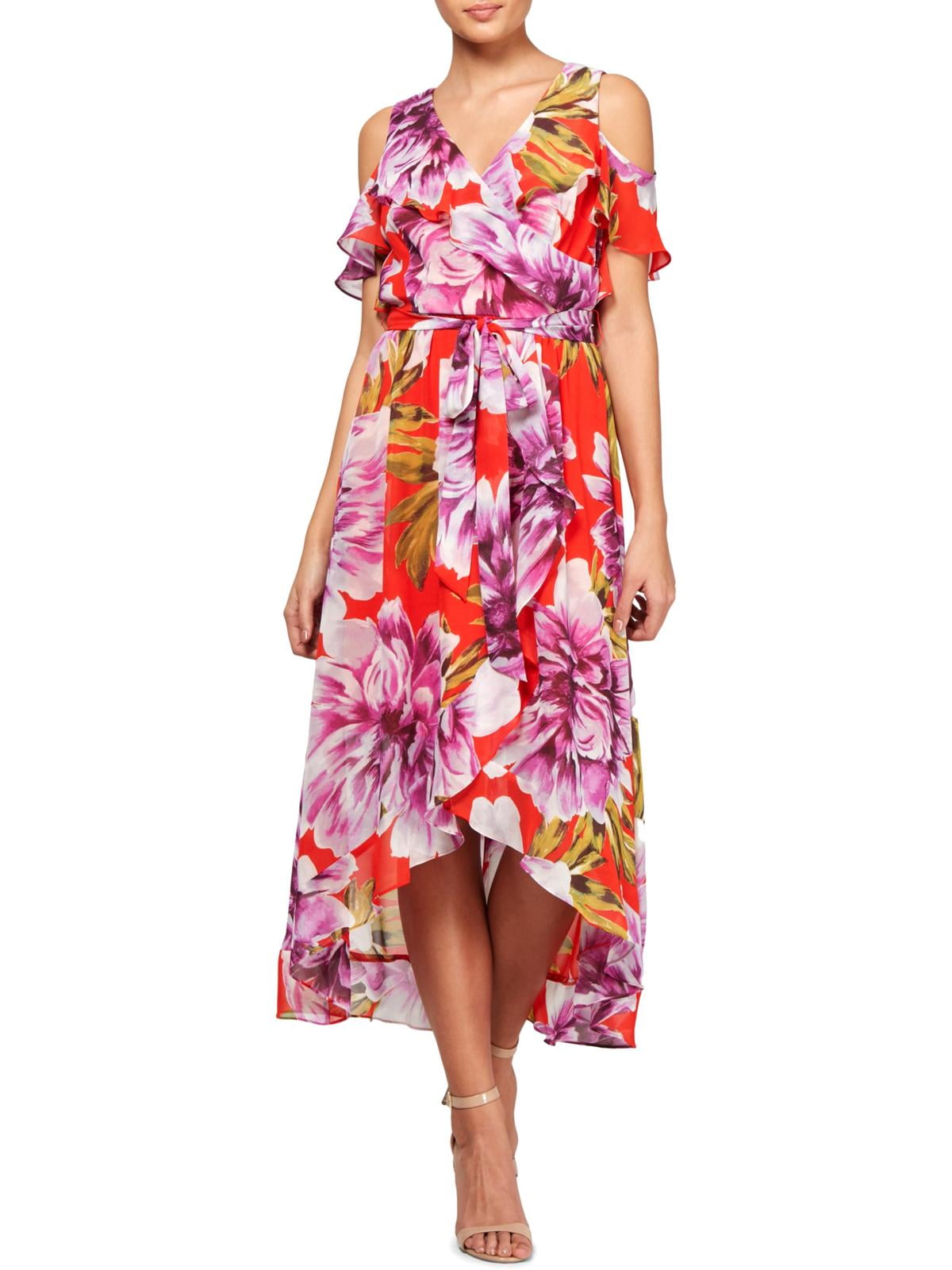 SLNY Womens Cold Shoulder Faux Wrap Cocktail Dress