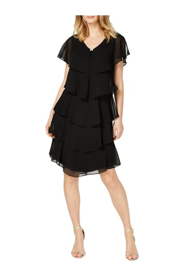 slim fit dress slacks SL Fashions Petite Sequined Lace Cap-Sleeve Dress - Navy main image 0