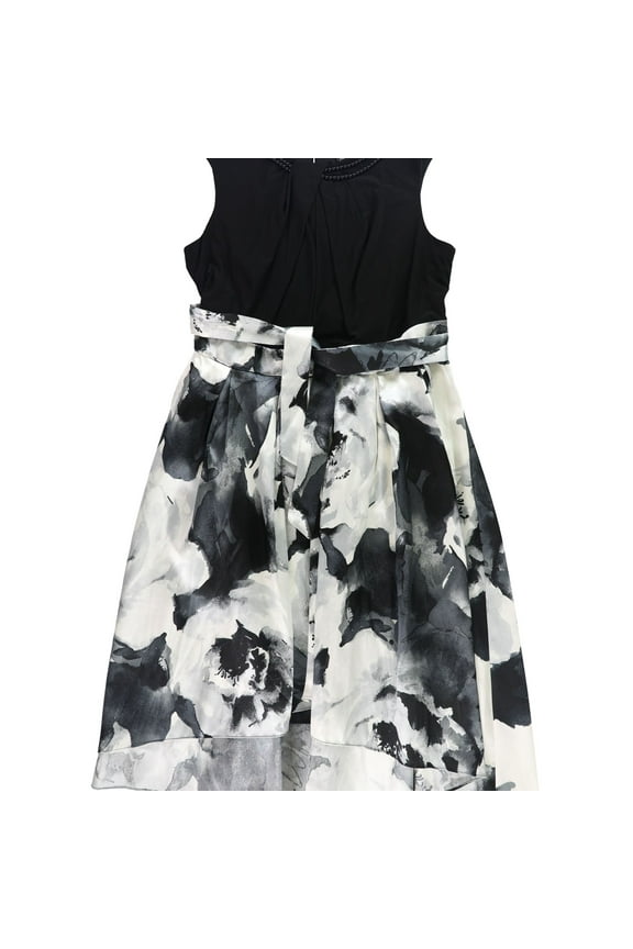 S.L. Fashions Womens Floral Beaded Neck High-Low Dress, Black, Plus Size, 18W