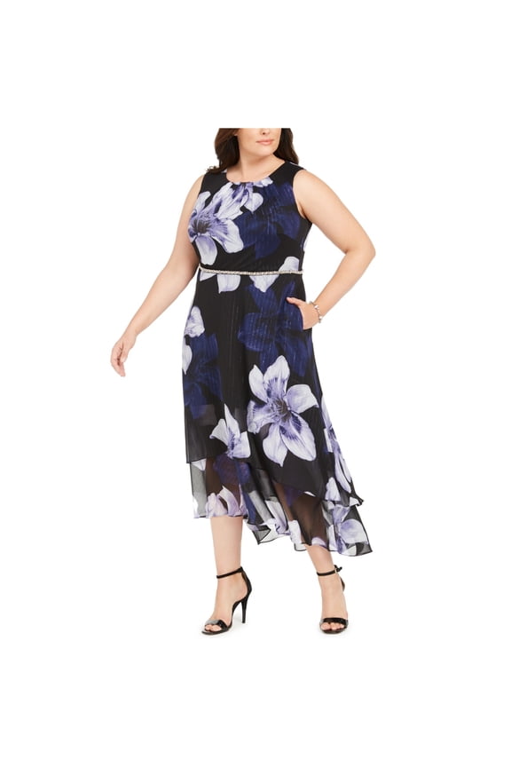 S.L. Fashions Womens Floral Fit & Flare Dress, Black, Plus Size, 18W