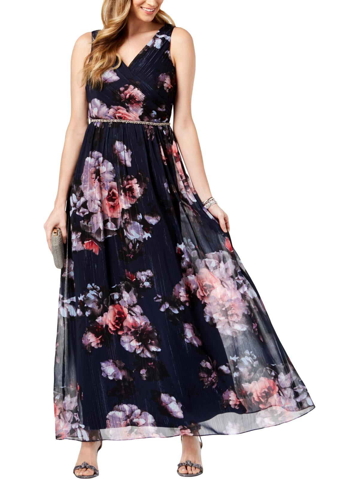 SLNY Womens Metallic Floral Evening Dress Navy 10 - Main Image