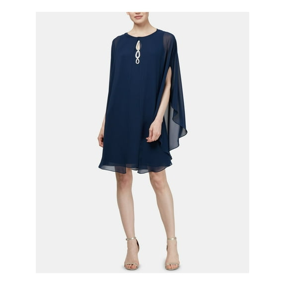 SLNY Womens Navy Embellished Sheer Keyhole Sleeveless Crew Neck Short Evening Shift Dress 12