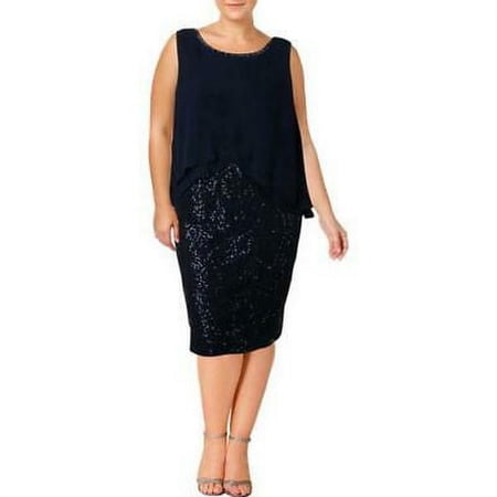 SLNY Womens Navy Embellished  Sheer Overlay Sheath Formal Dress Plus Size: 16W: 16W/Navy