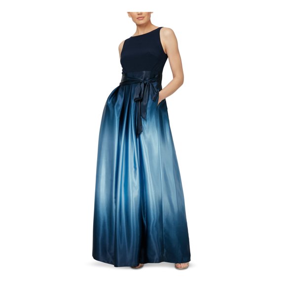 SLNY Womens Navy Pocketed Zippered Surplice Back Tie Ombre Sleeveless Scoop Neck Full-Length Evening Fit + Flare Dress Petites 12P