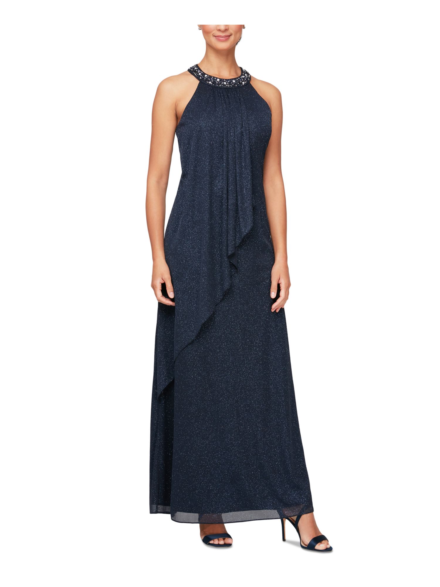 Slny SLNY Womens Navy Stretch Glitter Zippered Pleated Lined Sleeveless ...