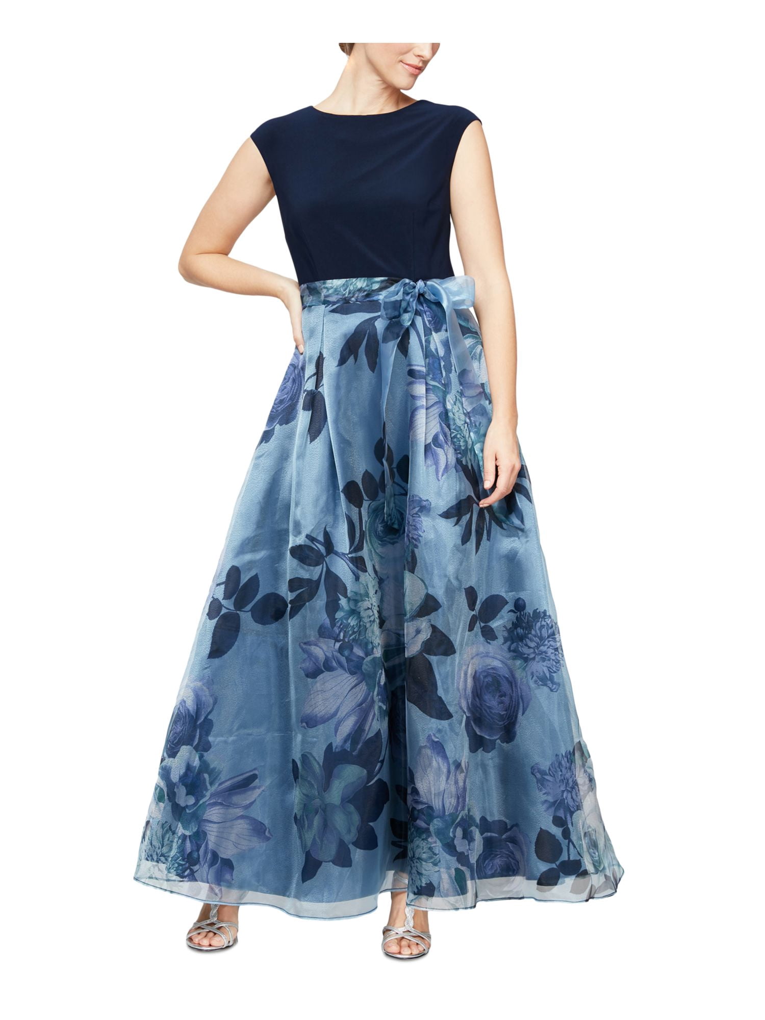 SLNY Womens Navy Zippered Tie Sheer Lined Ball Gown Floral Cap