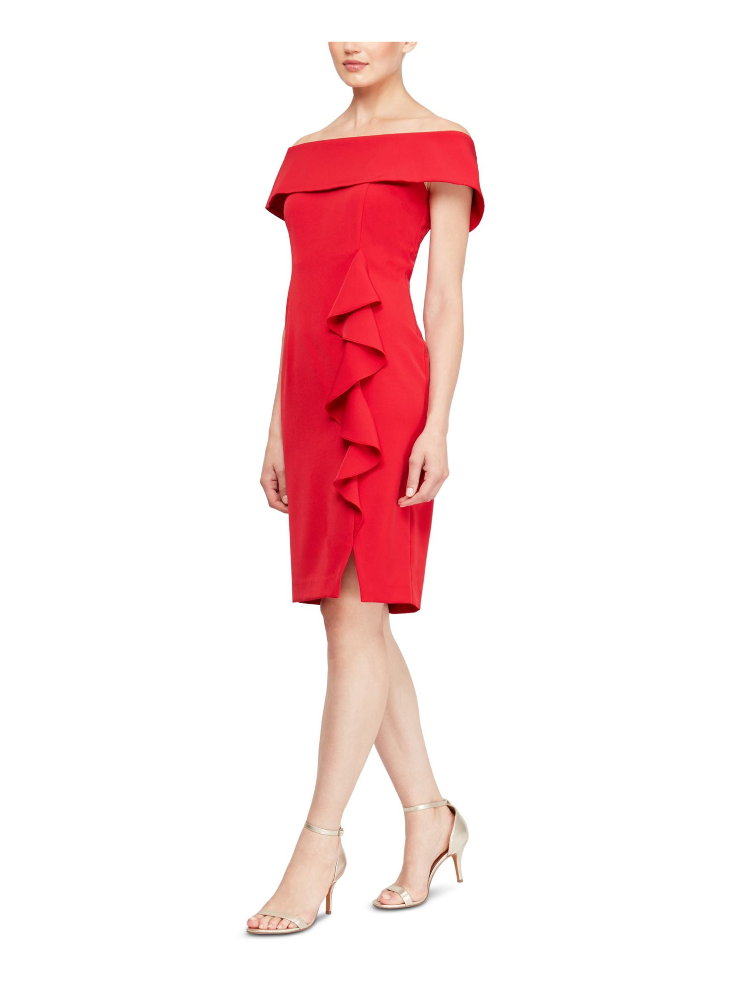 SLNY Womens Petites Ruffled Off-The-Shoulder Sheath Dress Red 6P