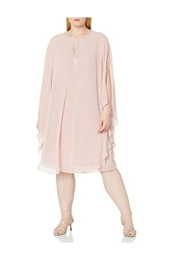 Womens Pink Rhinestone Zippered Sheer Capelet Sleeveless Keyhole Knee Length Formal Shift Dress Plus 14W