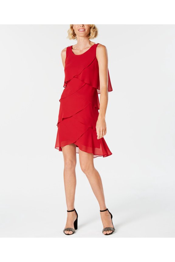 Womens Red Embellished Shoulders Sleeveless Scoop Neck Above The Knee Evening Fit + Flare Dress 10