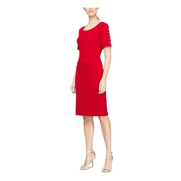SLNY Womens Red Embellished Zippered Short Sleeve Scoop Neck Knee Length Party Sheath Dress 6