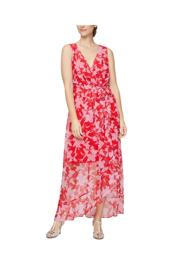 Womens Red Sheer Ruffled Pullover Lined Self Tie Belt Floral Sleeveless Surplice Neckline Maxi Wear To Work Faux Wrap Dress 10