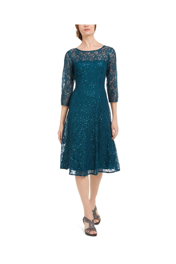 Womens Teal Long Sleeve Illusion Neckline Midi Sheath Party Dress Size: 10